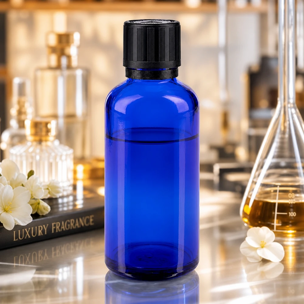 Apteekkipullo sininen 50ml tippapullo korkki kaatorengas 1mm musta lapsilukko sokea varoitussymboli peukaloinninesto sulkeminen. Sininen 50 ml:n laboratoriopullo, jossa on musta OV-korkki, Erlenmeyer-pullojen ja hajuvesipullojen edessä