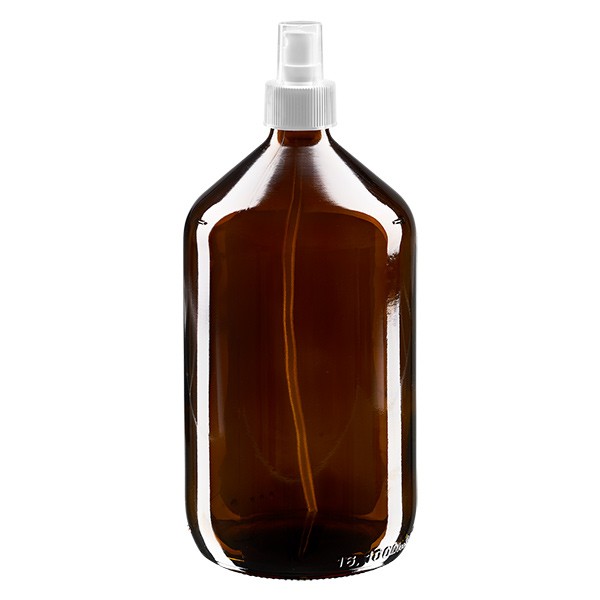 Euro lääkepullo 1000ml. ruskea PP28, jossa sumutin valkoinen