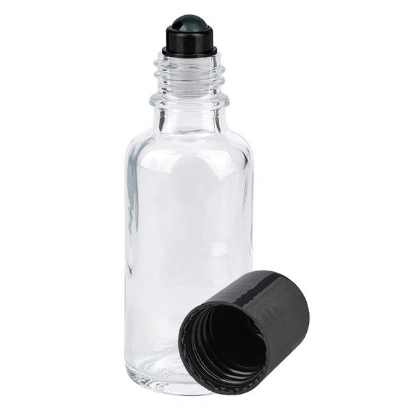 Apteekkipullo kirkas 30ml roll-on korkki musta Apteekkipullo kirkas 30ml roll-on korkki musta