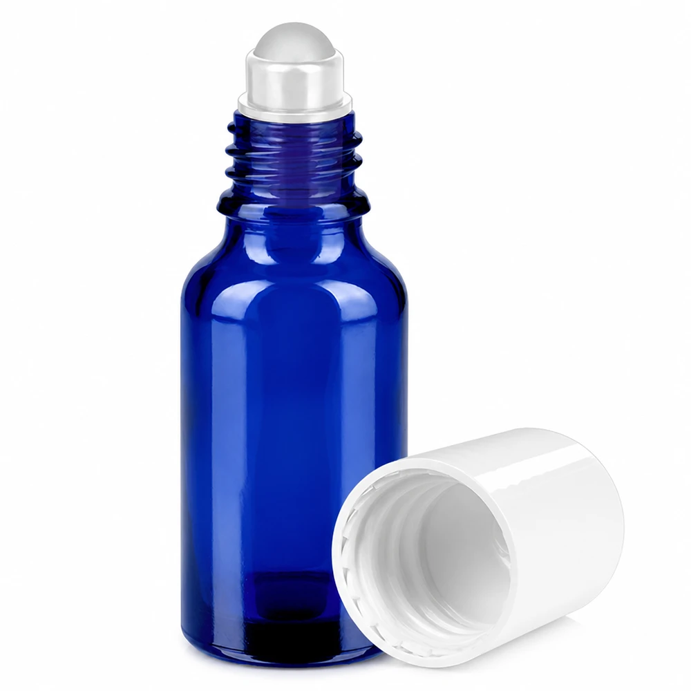 Sininen 20ml lasipullo, jossa on roll-on applikaattori ja irrotettava valkoinen kierrekorkki.
