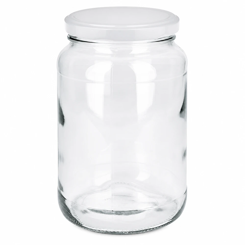 1700ml pyöreä lasipurkki BasicSeal-kannella valkoinen UNiTWIST 1700ml pyöreä purkki valkoisella BasicSeal-kannella UN-sertifioitu säilytyspurkki säilöntäpurkki läpinäkyvä tyhjä