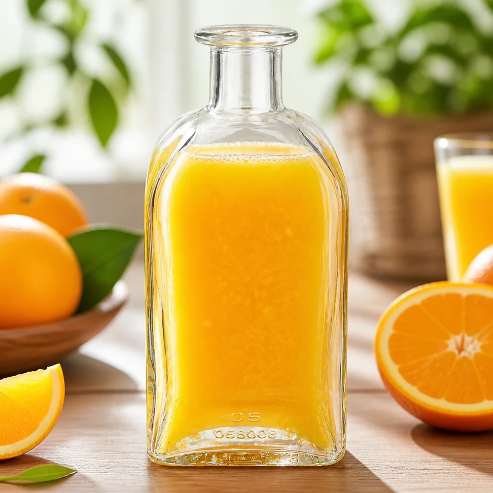 500ml Glasflasche "Julia" ohne Verschluss UNiTWIST 500 ml:n Julia-lasipullo, joka on täytetty appelsiinimehulla ja jota ympäröivät tuoreet appelsiinit ja appelsiiniviipaleet puupöydällä.