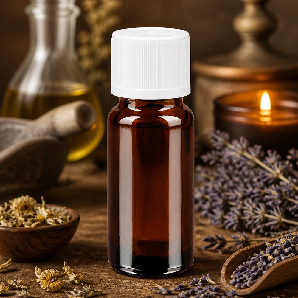 Apteekkipullo ruskea 10ml kierrekorkki valkoinen lapsiturvallinen standardi Ruskea 10 ml:n tiputuspullo apteekkilasista, jossa on valkoinen lapsiturvallinen korkki, puualustalla