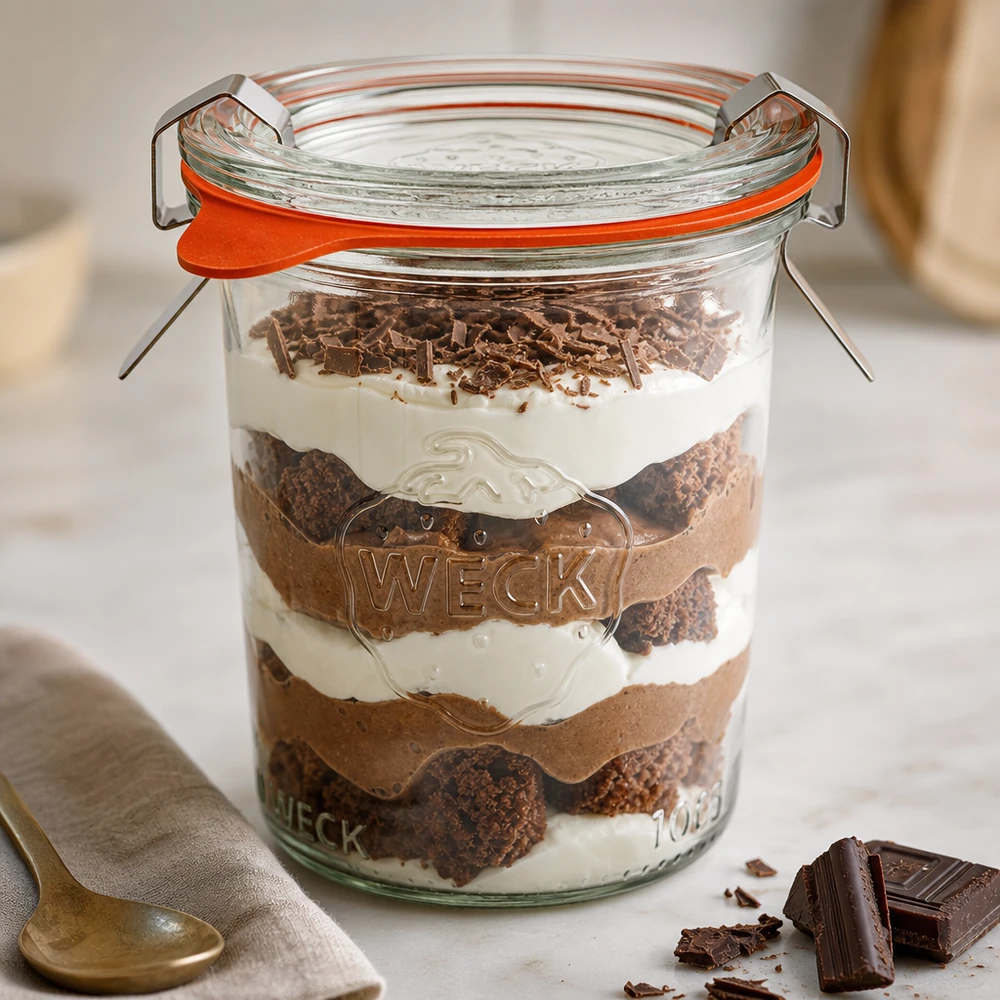 WECK 160ml RR60 tumblers täytetty kerroksellinen jälkiruoka Tiramisu osoittaa monipuolisen käytön jälkiruokapurkki