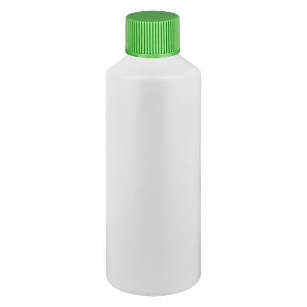 Apteekkipullo HDPE 100ml valkoinen, vihreällä kierrekorkilla varustettuna Apteekkipullo HDPE 100ml valkoinen, vihreällä kierrekorkilla varustettuna