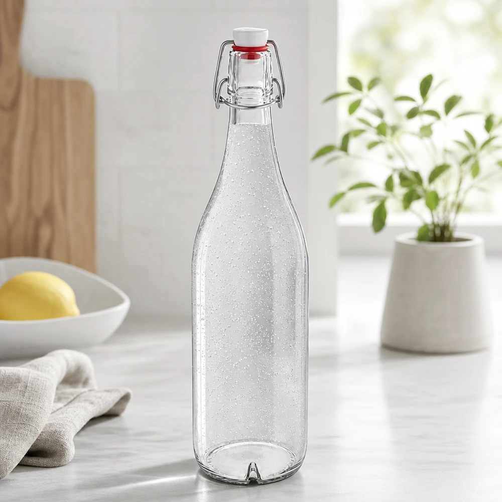 1000ml lasipullo, jossa on kääntyvä korkki PVC UNiTWIST täynnä kuohuvaa vettä modernissa keittiössä Lifestyle