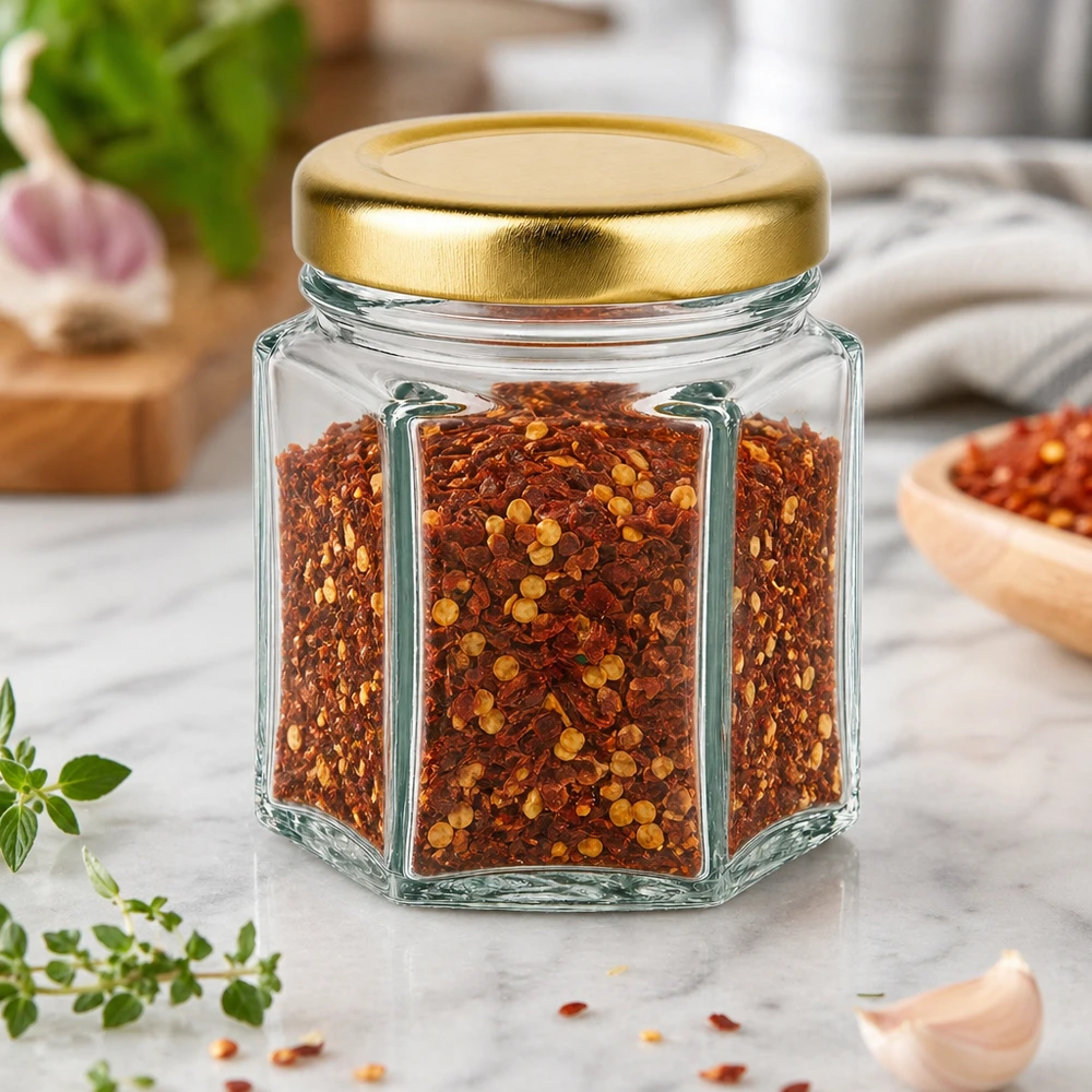 60g hunajapurkki kuusikulmainen täynnä chilihiutaleita marmoripöydällä yrttien ja kultaisen BasicSeal-kannen kanssa.
