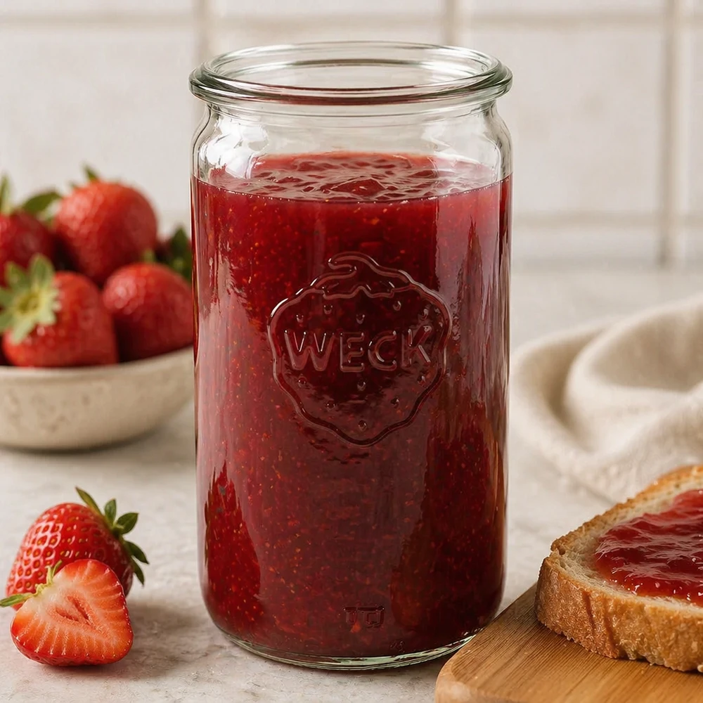 WECK 340ml sylinteripurkki RR60 täynnä mansikkahilloa osoittaa käytännöllisen käytön säilöntäpurkkina keittiössä.