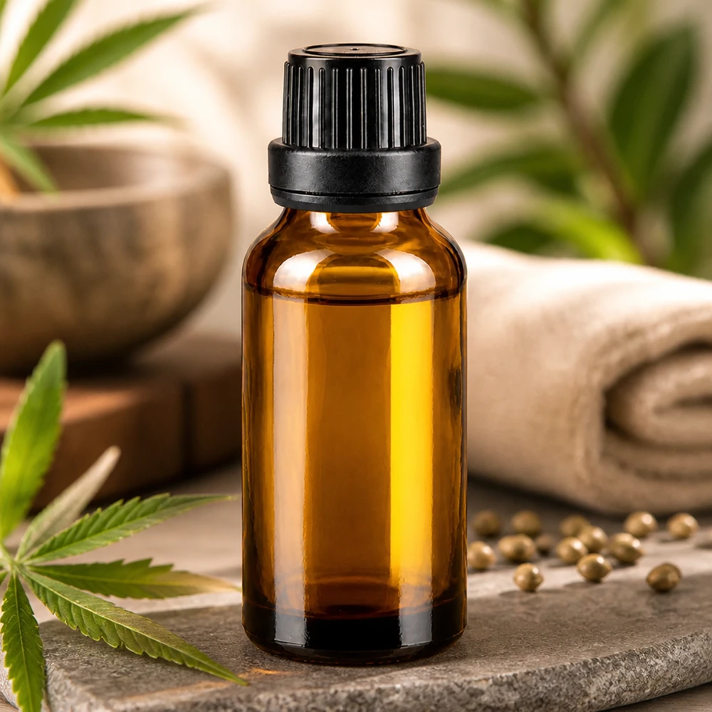 Keltainen 20 ml:n lasipullo, jossa on musta tippakorkki, kannabiksen lehden ja hampunsiementen vieressä