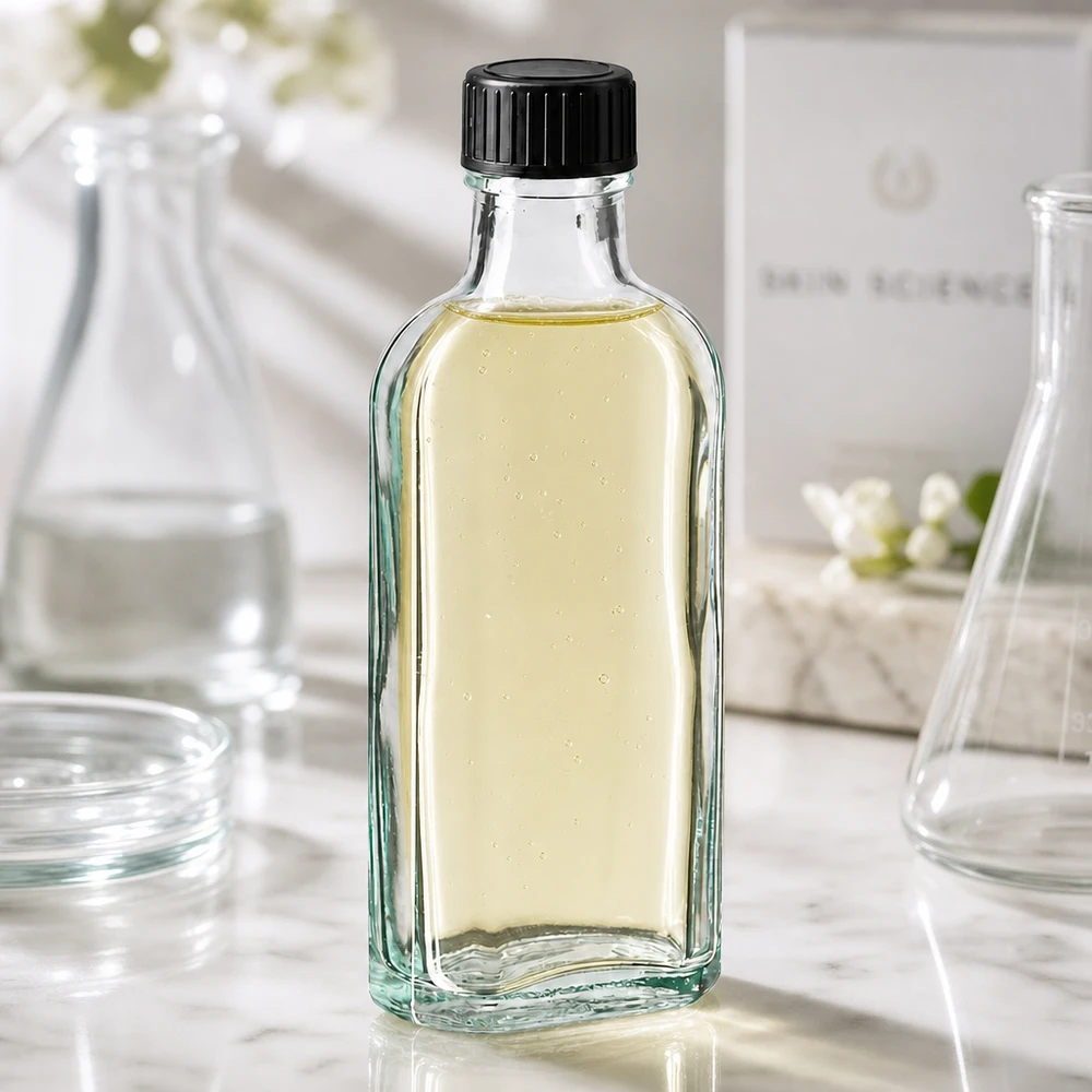 Täytetty 100 ml:n Meplat-pullo kirkkaasta lasista, jossa on kellertävää nestettä ja musta kierrekorkki