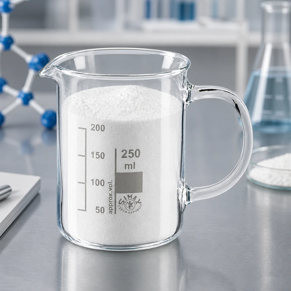 Juomalasi 250ml borosilikaattilasi, kahvalla varustettuna 250 ml:n borosilikaattilasi, jossa on kahva, täytetty valkoisella jauheella laboratoriossa