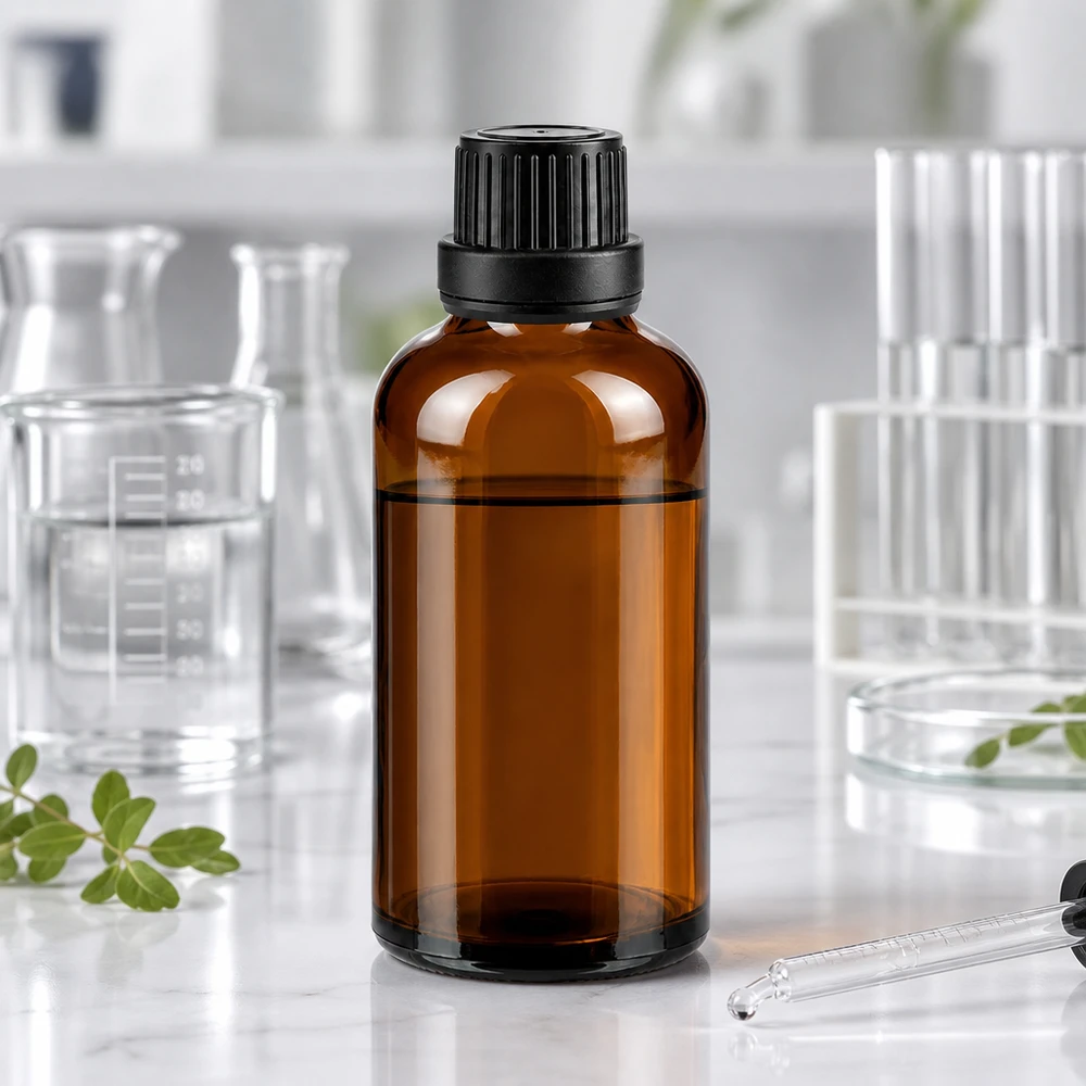 Apteekkipullo ruskea 50ml ruuvikorkki musta tiiviste sisus tamper evident sulkeminen 50 ml:n ruskealasinen apteekkipullo, jossa on musta alkuperäinen korkki, laboratoriossa marmoripinnalla