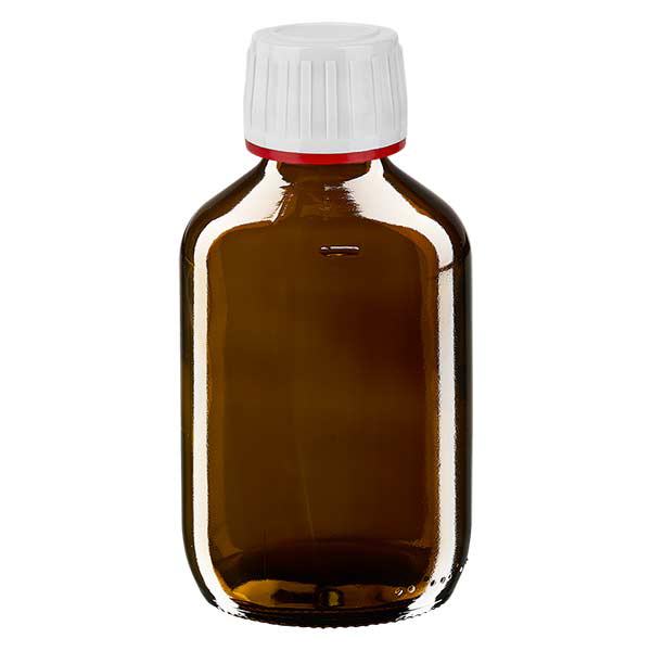 200ml lääkepullo ruskea, korkki valkoinen, jossa peukalointi-ilmoitusrengas punainen ApoGlas 200ml lääkepullo ruskea, korkki valkoinen, jossa peukalointi-ilmoitusrengas punainen ApoGlas