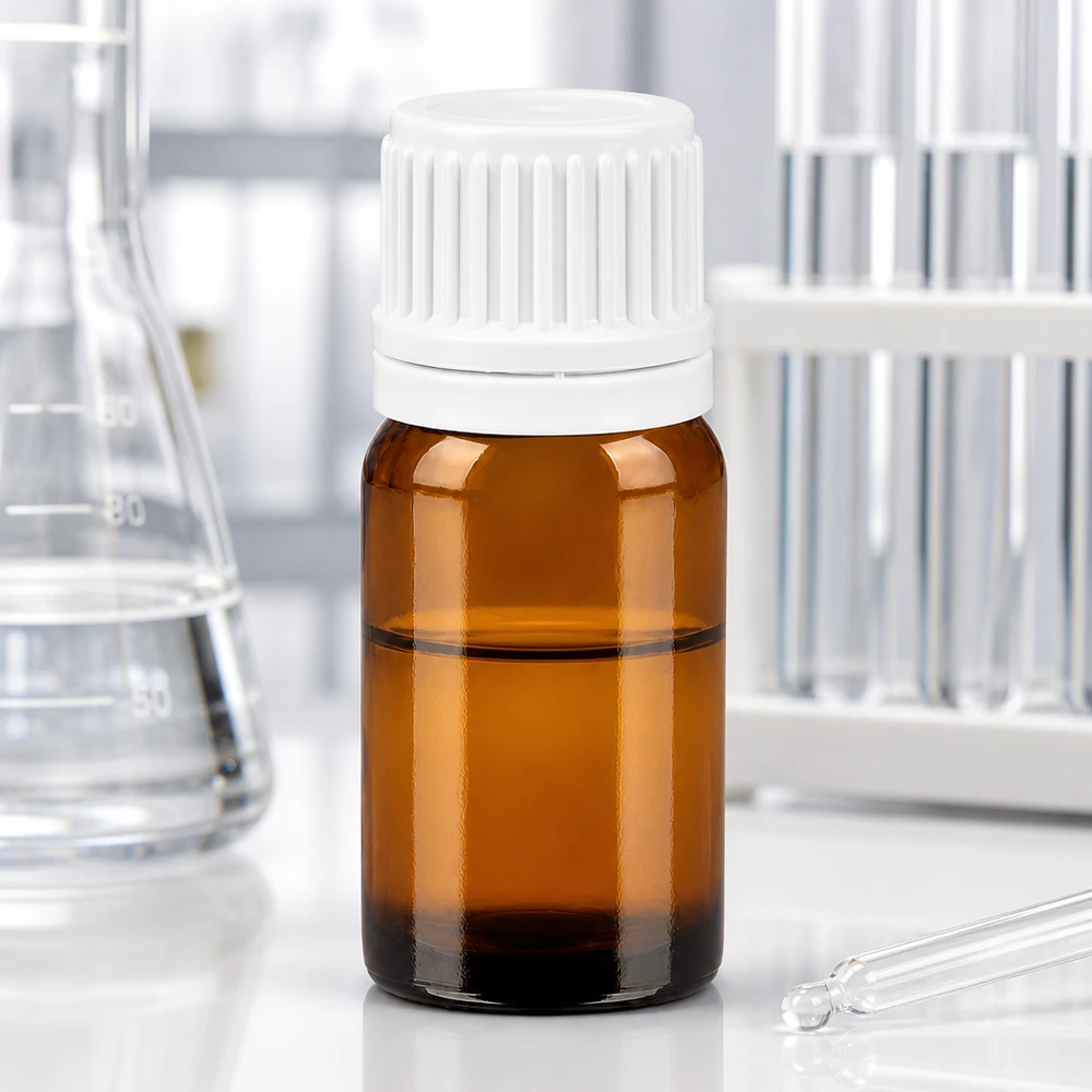 5ml laboratoriopullo UV-suojalasista meripihkanväristä lasia, jossa on valkoinen kierrekorkki apteekkikäyttöön.