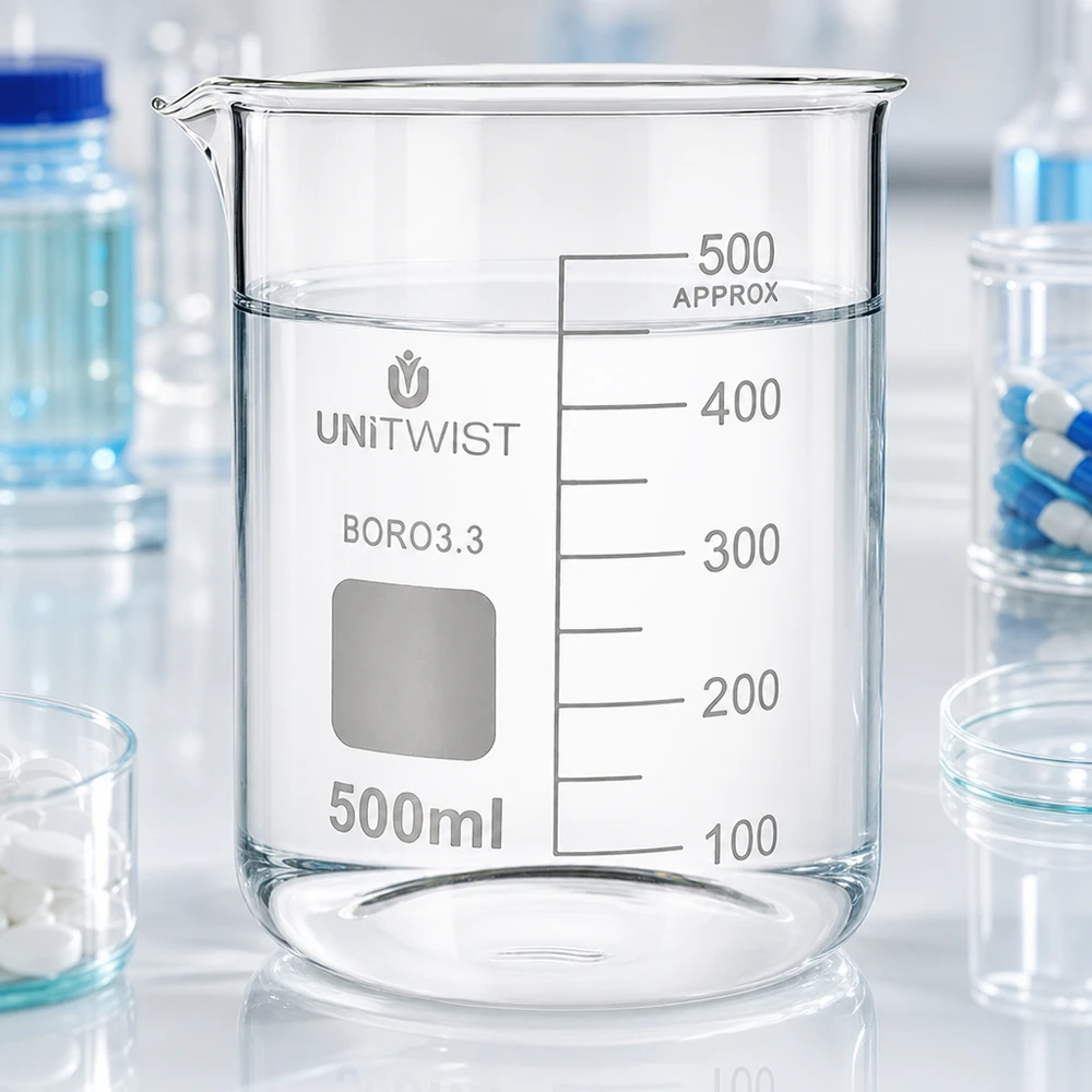 UNiTWIST-mitta-astia, 500 ml, borosilikaattilasia, matala malli, selkeällä asteikolla, laboratoriokäyttöön