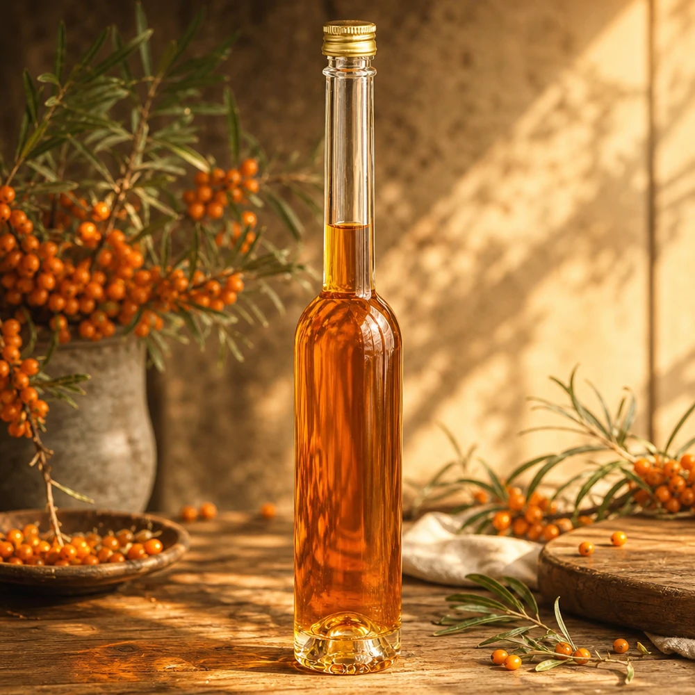 Elegante 100ml Glasflasche Toni mit Sanddornöl befüllt - goldener Verschluss, edle Optik für Küche und Geschenke