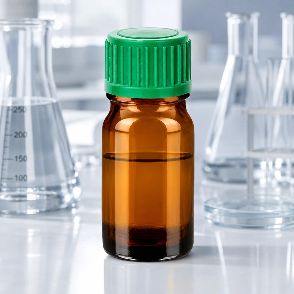 Ammattimainen laboratoriopullo 5ml ruskea, jossa on vihreä korkki kemiallisiin sovelluksiin ja kokeisiin.