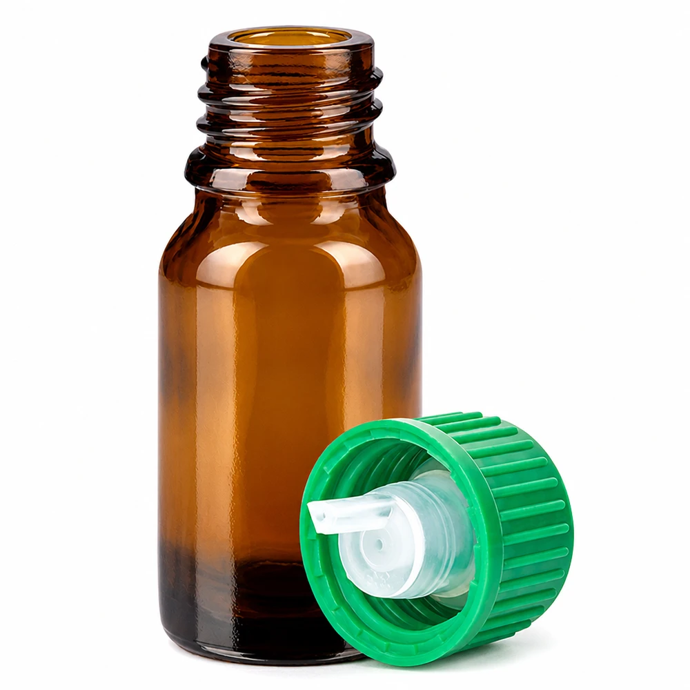 Ruskea lasipullo 10ml, jossa vihreä tippakorkki eteerisille öljyille ja tinktuureille.