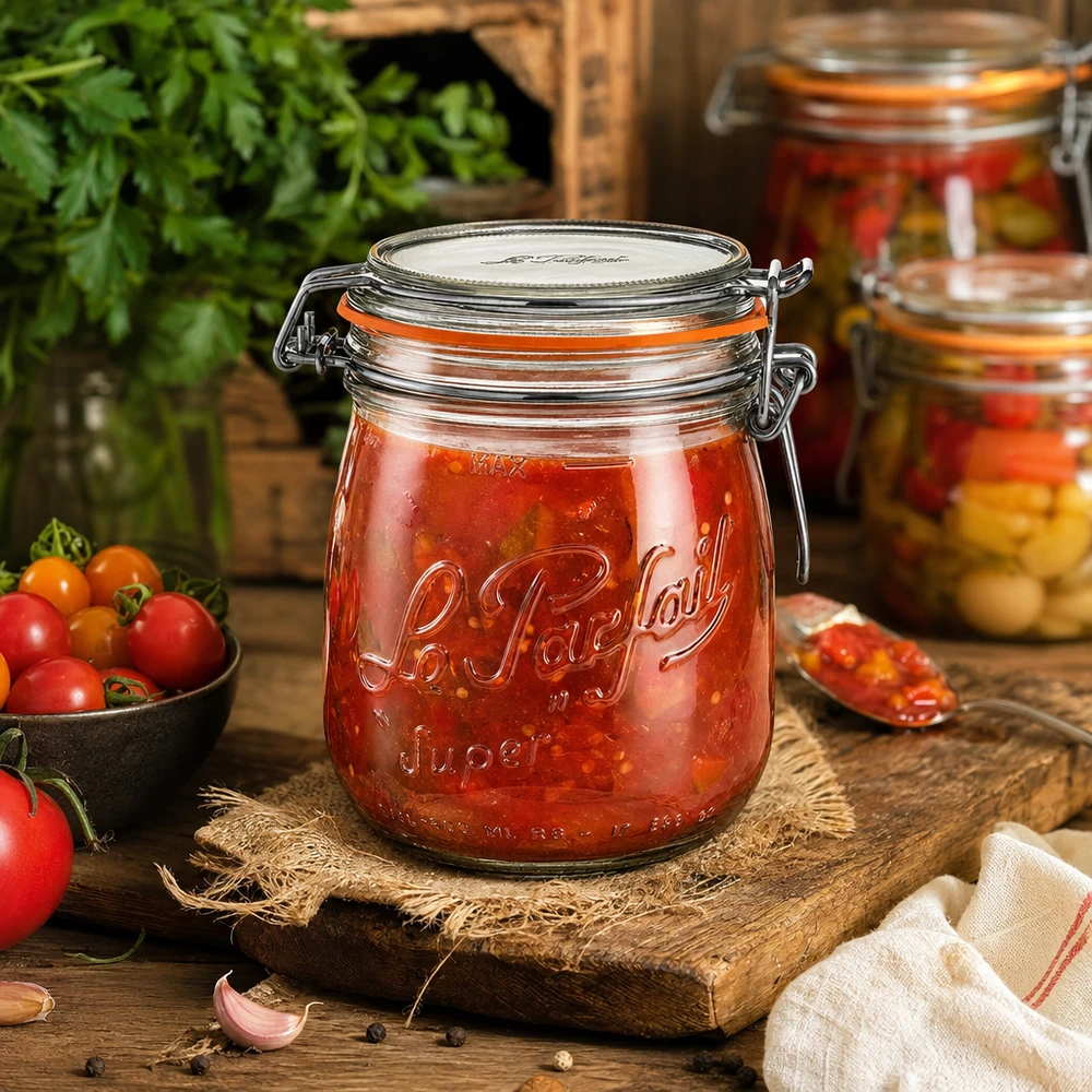 750ml Vorratsglas "Super" mit Bügelverschluss Le Parfait® 750ml Le Parfait Super -säilytyspurkki, jossa on kääntyvä kansi, täynnä tomaattikastiketta maalaismaisella puupöydällä.