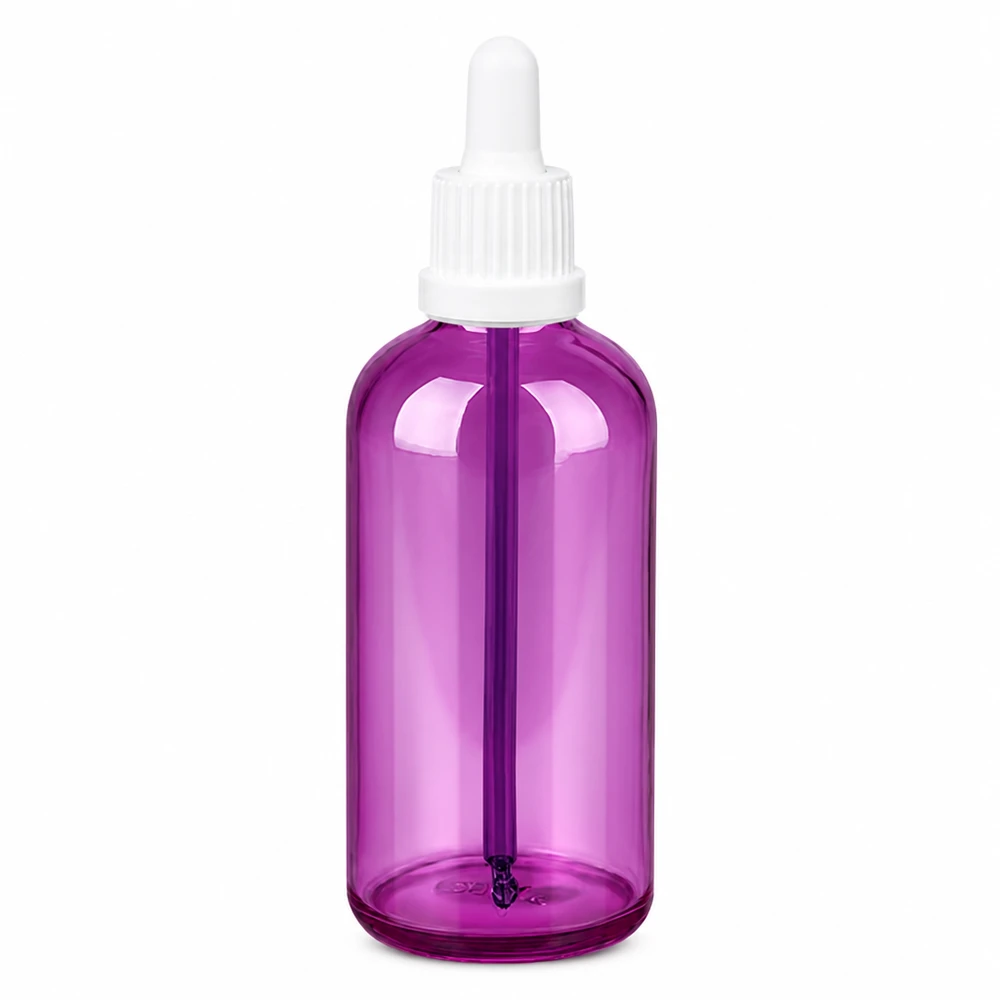 100ml pipettipullo violetti läpinäkyvä, jossa on valkoinen tiputuskorkki tarkkaa annostelua varten.