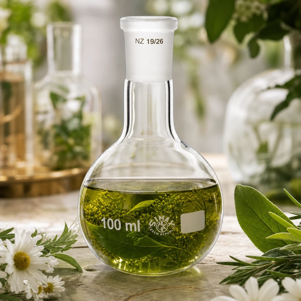 100ml lantiopullo, jossa on vakiohiottu liitos (19/26). Lantiopullo, jossa on vihreä yrttiliuos 100ml - korkealaatuista laboratoriolasia, jossa on 19/26 standardin mukainen hiottu liitos.