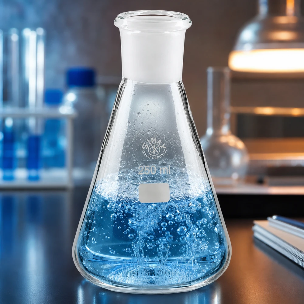 Erlenmeyer-pullo 250ml, jossa on vakiohiottu liitos (29/32). Erlenmeyer-pullo 250ml, jossa on vakiohiottu liitos (29/32).