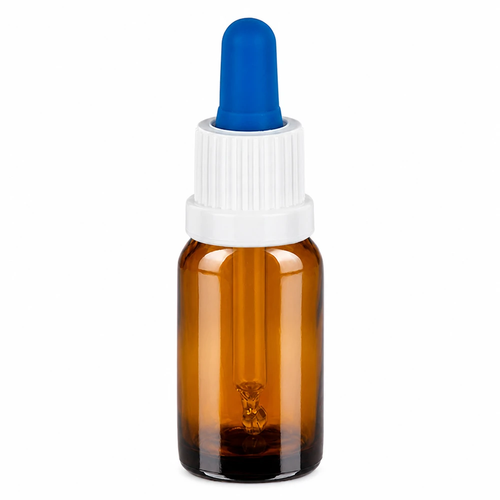 10ml pipettipullo valkoinen/sininen väärentämisen estävä sulkeminen BrownLine UT18/10 10 ml:n pipettipullo ruskea, valkoinen korkki ja sininen pipetti tarkkaa annostelua varten.