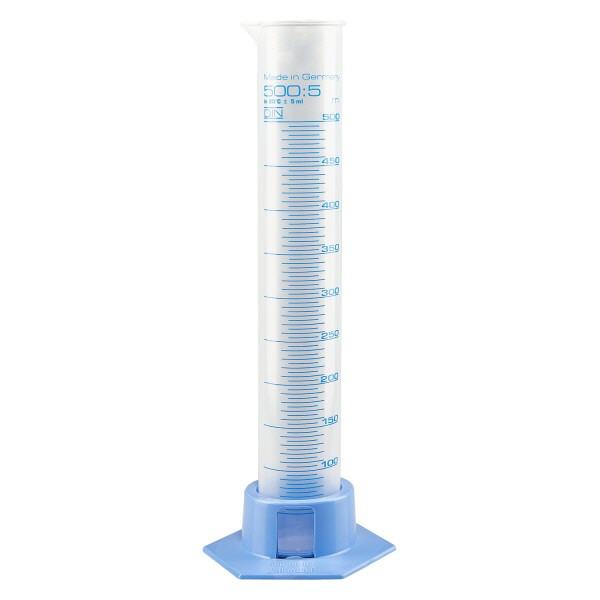 500 ml:n mittapullon mittapullo polypropeenista, jossa on vaaleansininen pohja.