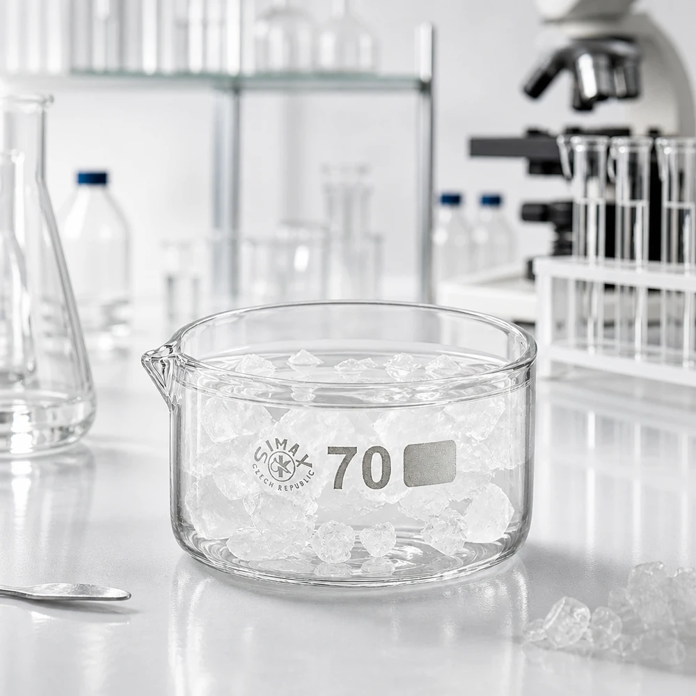 Litteät 100 ml:n lasiastiat, jotka on täytetty kiteillä, laboratoriossa valkoisella työtasolla