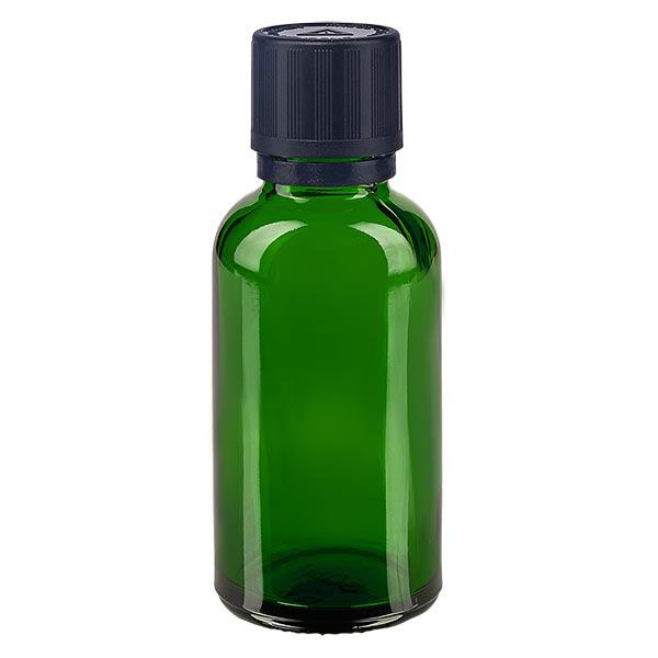 Apteekkipullo vihreä 30ml tiputuskorkki valurengas 1mm musta lapsiturvallinen peukaloinninestosymboli peukaloinninestokorkki Apteekkipullo vihreä 30ml tiputuskorkki valurengas 1mm musta lapsiturvallinen peukaloinninestosymboli peukaloinninestokorkki