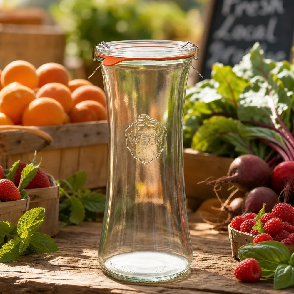 WECK Delikatessenglas 700ml RR80 leer auf Holztisch mit frischen Beeren, Orangen und Gemüse in natürlicher Gartenszene