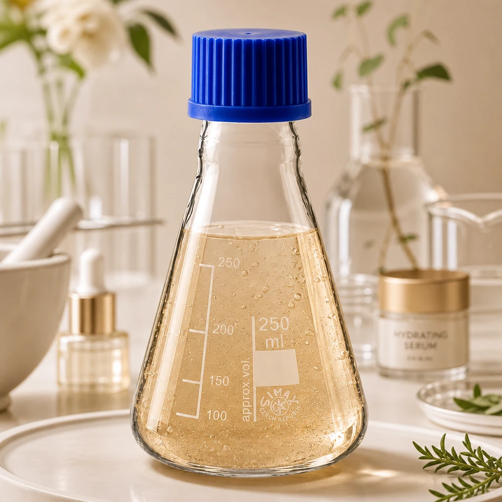 Erlenmeyer-pullo 250ml, jossa on kierrekorkki. Erlenmeyerpullo 250 ml, jossa on millilitra-asteikko ja sininen korkki tilavuuden tarkkaa määritystä varten.