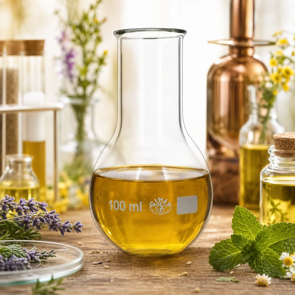 Pyöreäpohjainen pullo 100ml leveä kaula 100 ml:n pyöreäpohjainen pullo, jossa on leveä kaula ja asteikko tarkkaa tilavuuden määritystä varten laboratoriossa.