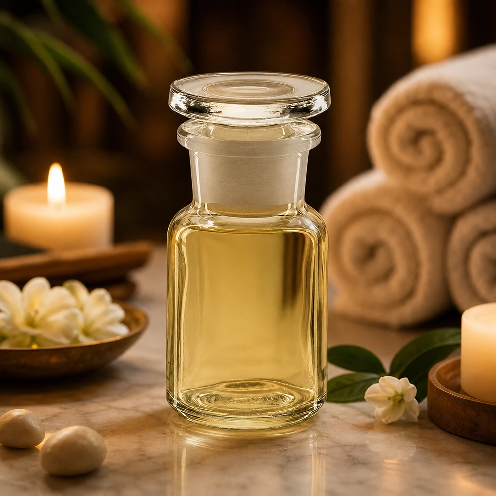 Pyöreä olkapääpullo 50ml kirkas leveäkaulainen lasitulppa Läpinäkyvä 50 ml:n lasipullo, jossa on leveä kaula ja tulppa, rentouttavassa spa-tunnelmassa kynttilöiden valossa