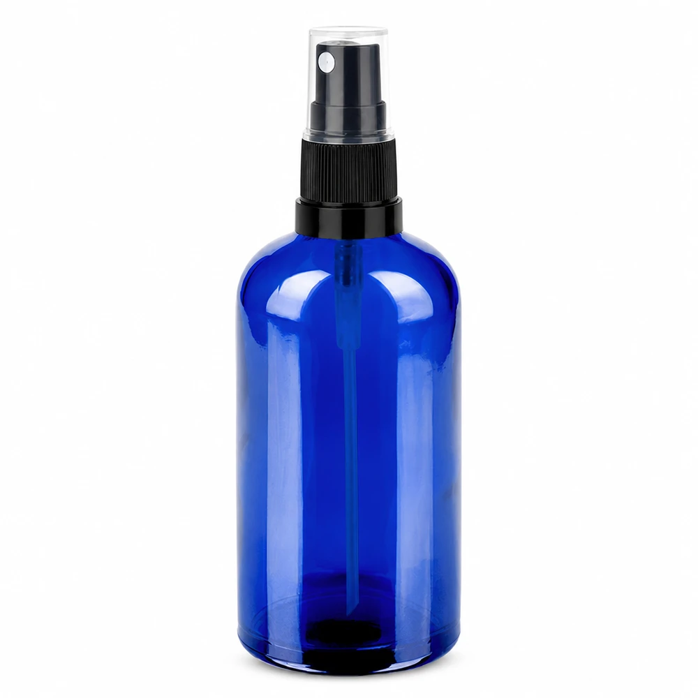 100ml suihkepullo musta musta/läpinäkyvä vakiokorkki BlueLine UT18/100 Sininen 100ml lasinen suihkepullo mustalla suihkepäällä kosmetiikkaan ja aromaterapiaan.