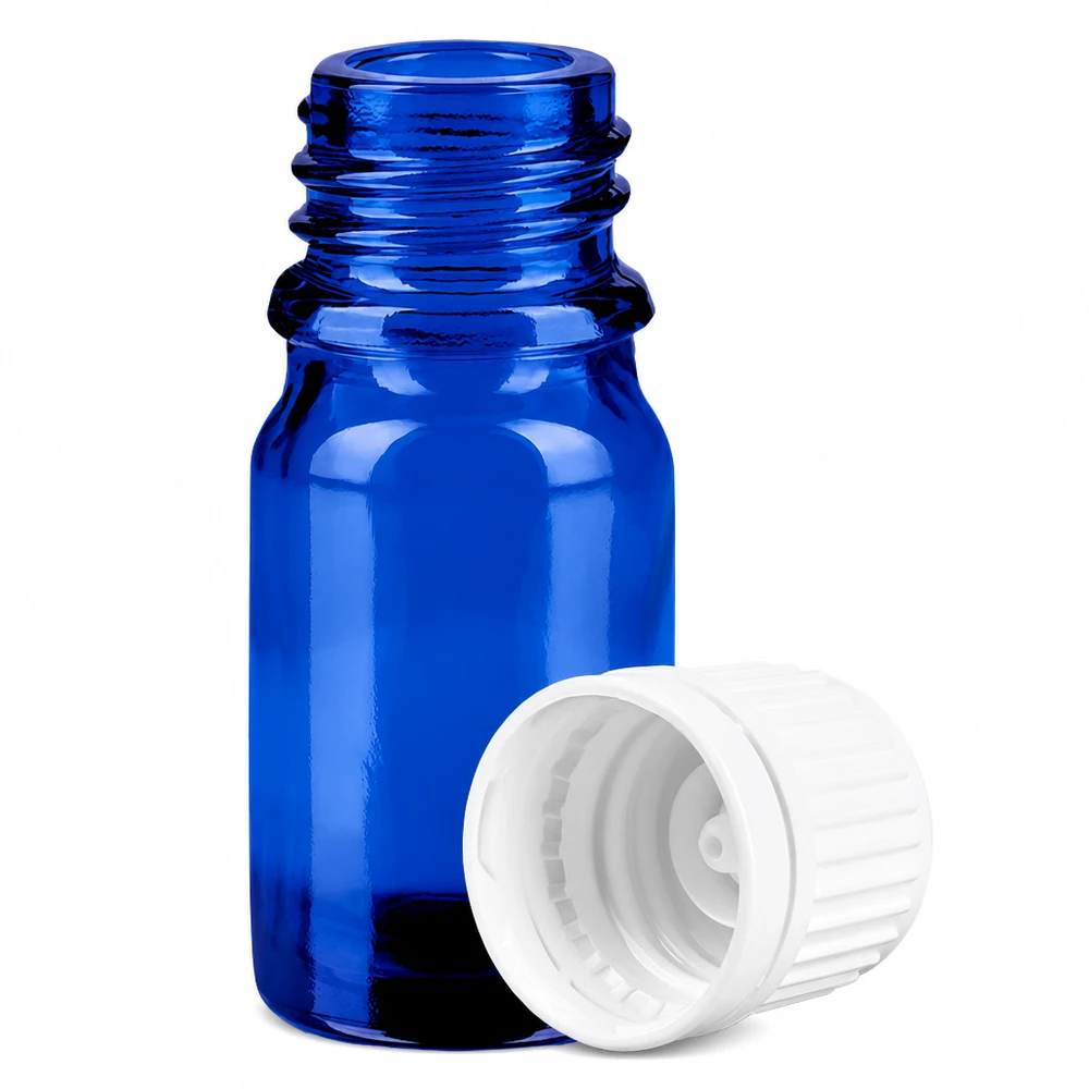 5ml pullo 11mm kierrekorkki valkoinen väärentämisen varmentava korkki BlueLine UT18/5 Pieni sininen lasipullo 5ml, jossa on 11mm kierre ja valkoinen korkki aromaterapiaa varten.