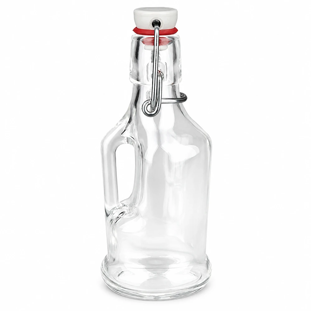 200ml lasipullo Bertha, jossa on UNiTWIST PVC-korkki, kirkas lasi, kahva, valkoinen keraaminen korkki.