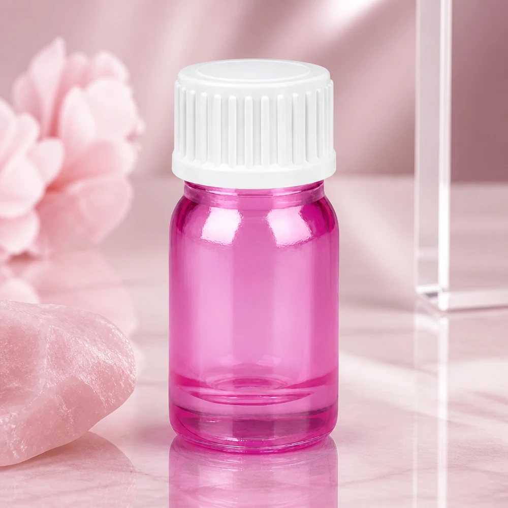 5ml (pallopullo) pullo 3mm kaaderengas valkoinen vakio PurpleLine UT18/5 PurpleLine UT18/5 Pienikokoinen 5ml lasipullo vaaleanpunaisella ja valkoisella korkilla liikkuvaan aromaterapiaan ja matkustamiseen.