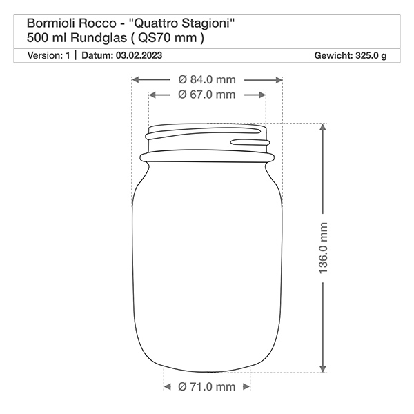 700ml pyöreä purkki "Quattro Stagioni", jossa on kansi. Tekninen piirustus 500ml Quattro Stagioni pyöreä lasi, jonka mitat ovat halkaisija 84mm korkeus 136mm Bormioli Rocco