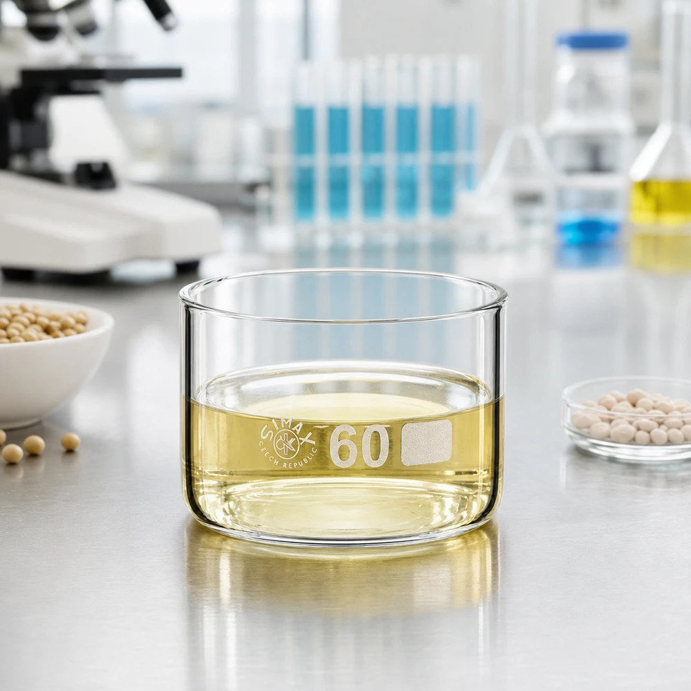 60ml kiteytysastia ilman kantta borosilikaatti ø60mm 60 ml:n kiteytysastia, jossa on kellertävää liuosta, soijauutteiden vieressä tutkimuslaboratoriossa