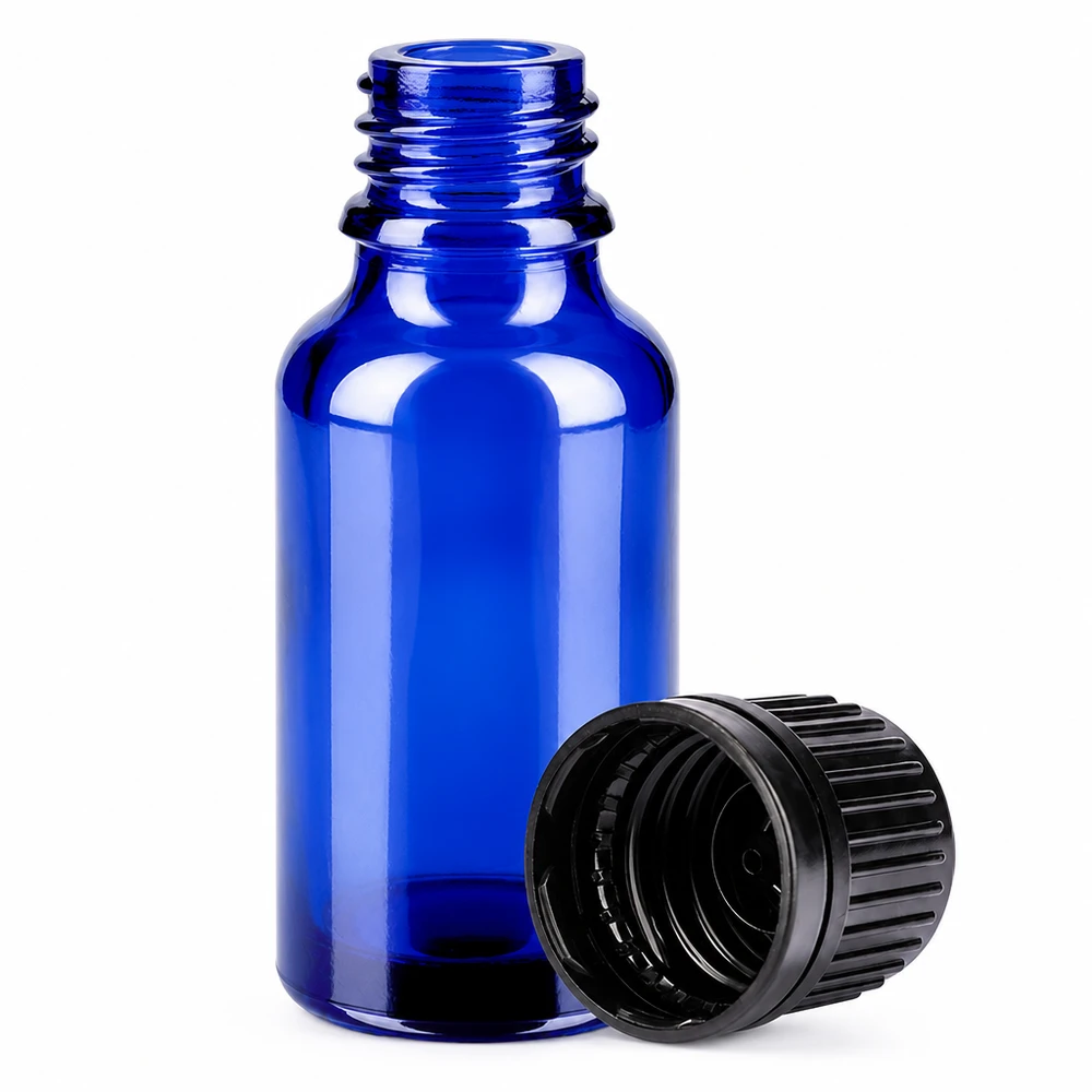 20ml pullo 11mm kierrekorkki musta tamper-evident korkki BlueLine UT18/20 20ml sininen lasipullo 11mm kierteellä ja mustalla korkilla tarkkaa annostelua varten.