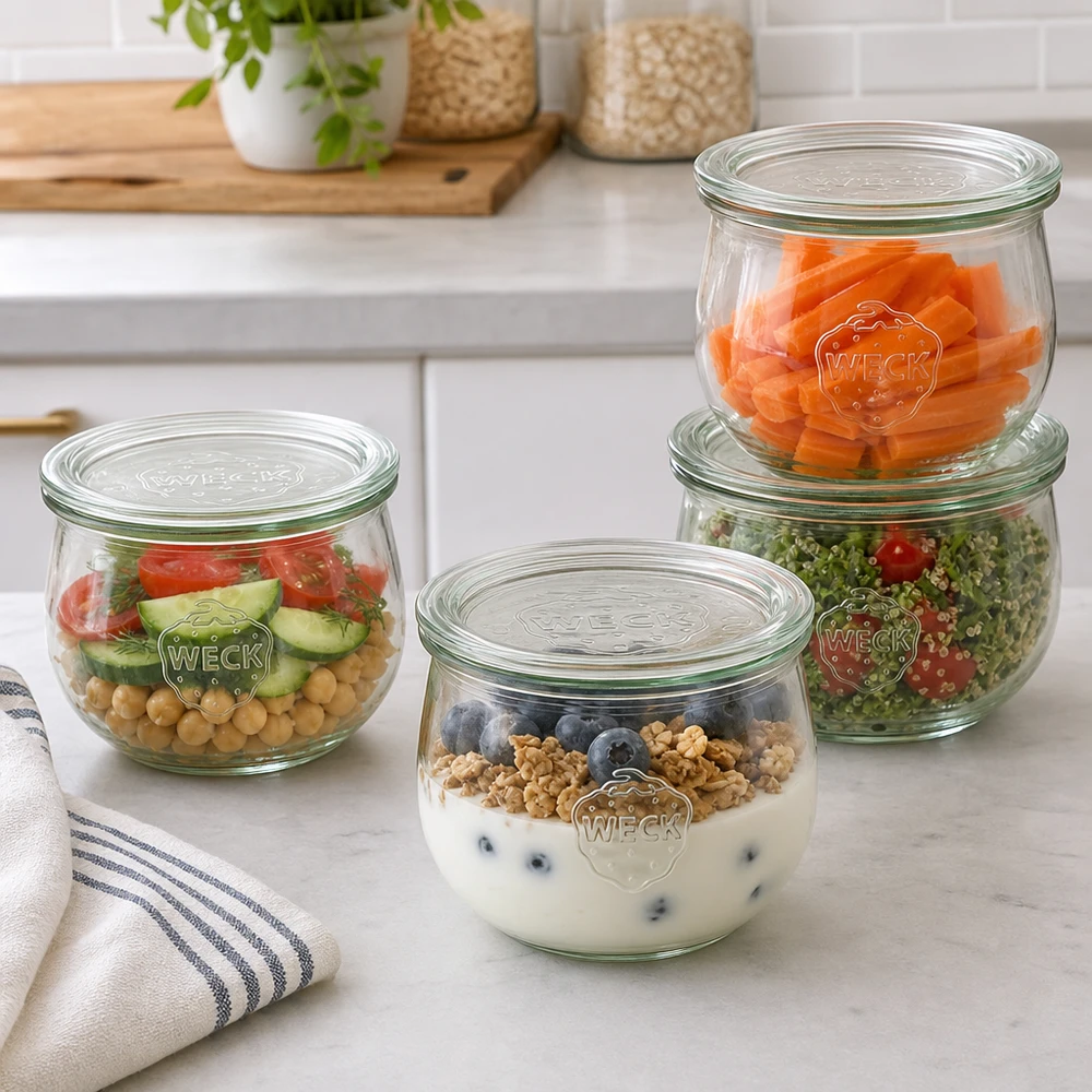580ml tulppaanipurkki lasikannella WECK RR100 WECK tulppaanipurkit 580ml RR100 käytännöllisinä aterianvalmistusastioina salaatilla, jogurtilla ja vihanneksilla modernissa keittiössä.