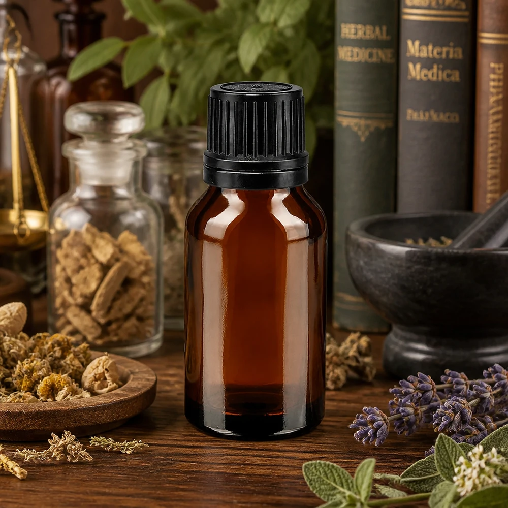 Apteekkipullo ruskea 15ml ruuvikorkki musta kaatorengas peukaloinninesto sulkeminen. Ruskea 15 ml:n apteekkipullo, jossa on kierrekorkki, lääkekasvien, kuten laventelin, ja Materia Medica -kirjojen välissä
