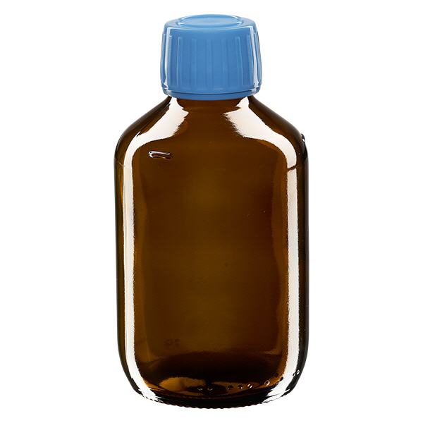 200ml lääkepullo ruskea, sininen korkki, jossa on sinetöintiturvallinen rengas ApoGlas 200ml lääkepullo ruskea, sininen korkki, jossa on sinetöintiturvallinen rengas ApoGlas