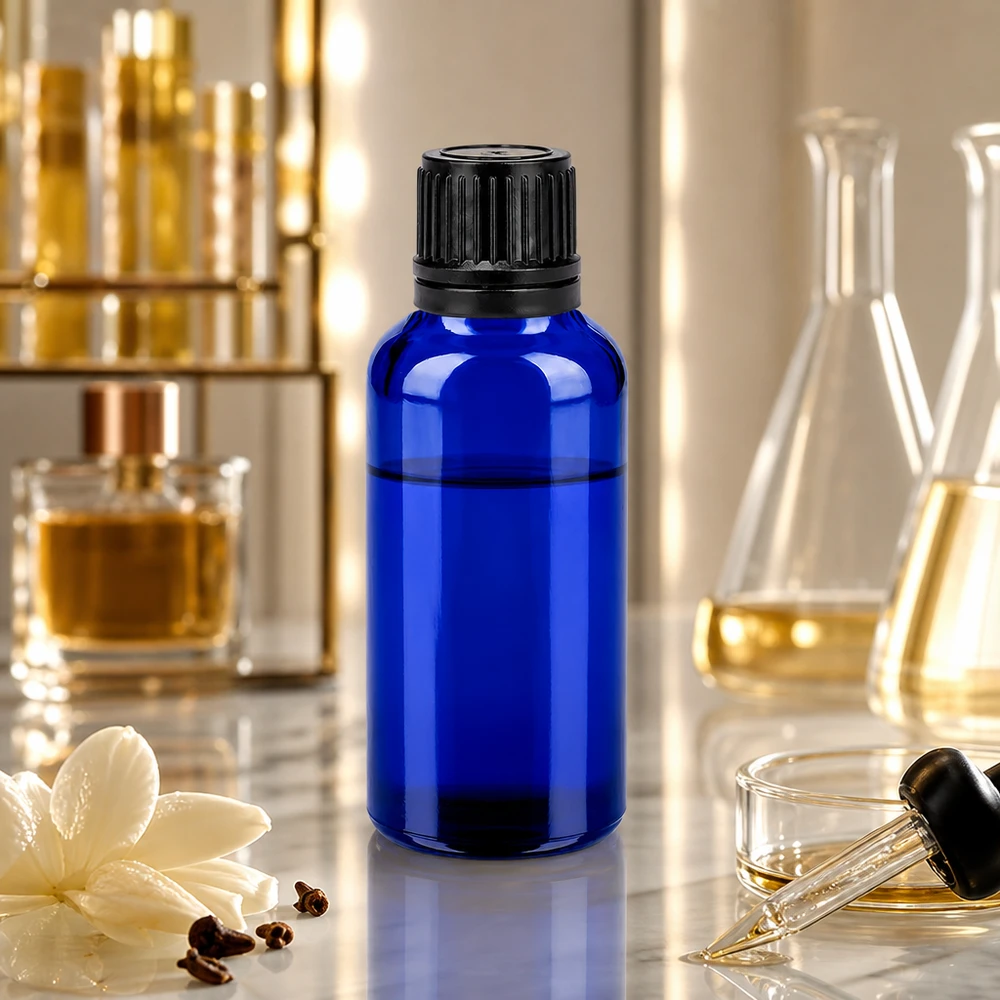 30ml pullo 11mm kierrekorkki musta väärentämisen estävä korkki BlueLine UT18/30 Pieni 30 ml:n apteekkipullo, joka on valmistettu UV-suojatusta sinisestä lasista laboratoriosovelluksiin.