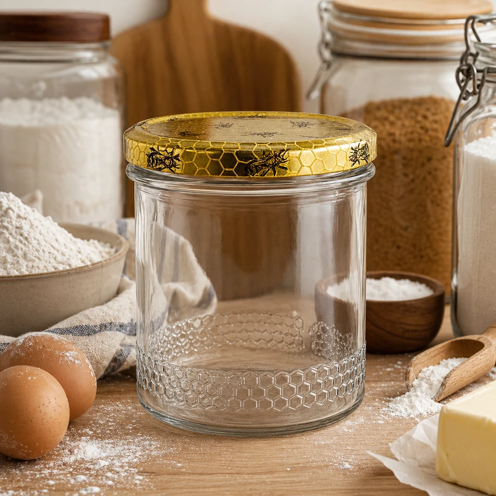560g Honigglas + BasicSeal Deckel Bienenwabe UNiTWIST Tyhjä 400ml hunajapurkki kultaisella hunajakennokannella maalaismaisessa keittiössä, leivonta-ainekset ja munat mehiläishoitoa varten.