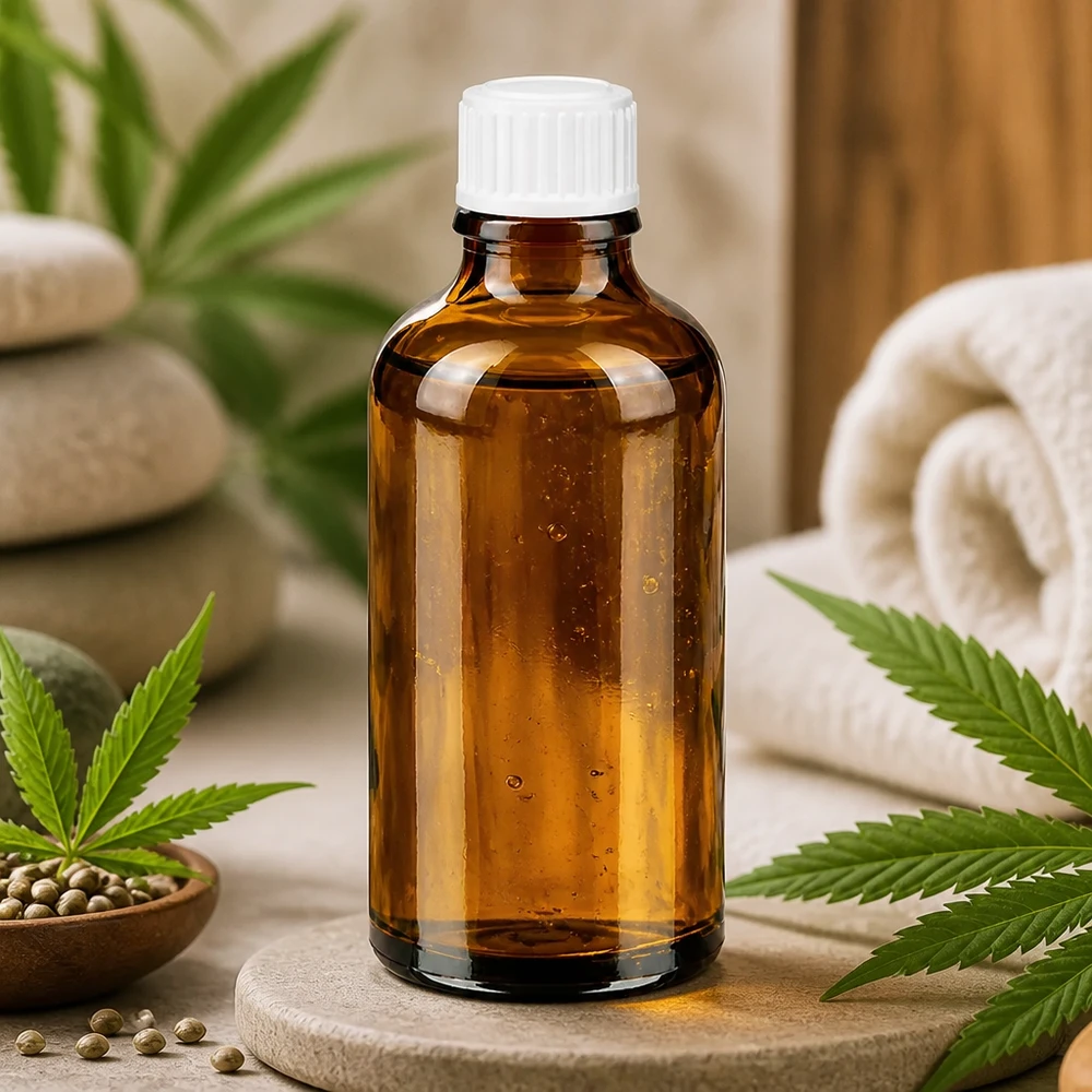 50 ml:n ruskea ApoGlas-tiputuspullo, jossa on valkoinen korkki ja jota ympäröivät kannabiksen lehdet ja hampunsiemenet