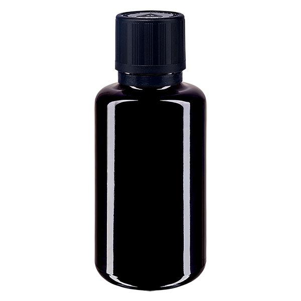 Apteekkipullo violetti 30ml tiputuskorkki valurengas 1mm musta lapsiturvallinen peukaloinninestosymboli peukaloinninestokorkki.