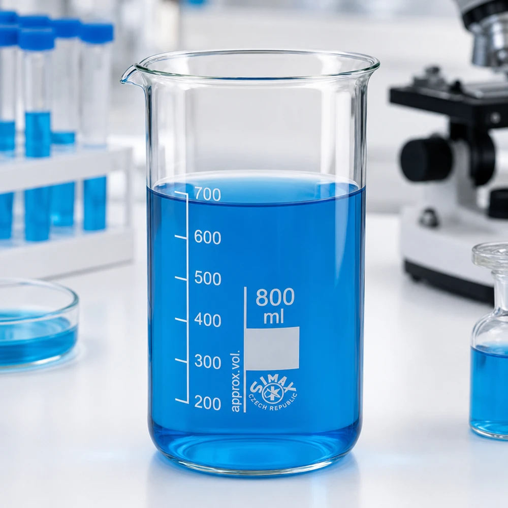 Tyhjä 800 ml:n korkea boro-silikaattilasi, jossa on sinistä nestettä laboratoriossa