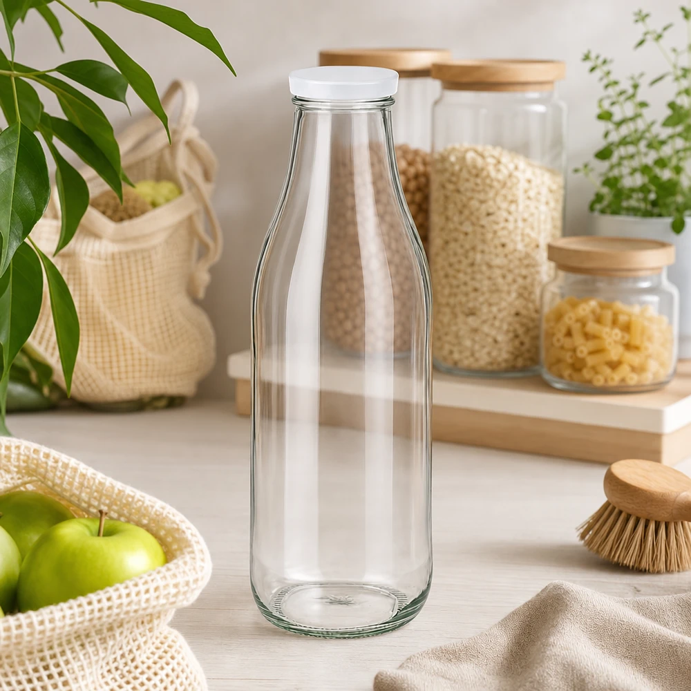 1000ml lasipullo tyhjä valkoisella BasicSeal-kannella kestävä keittiö nollajäte elämäntapa säilytysjärjestelmä
